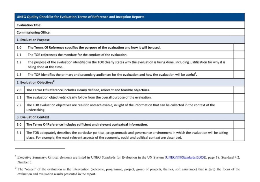 Quality Checklist Template for Evaluation Terms of Reference