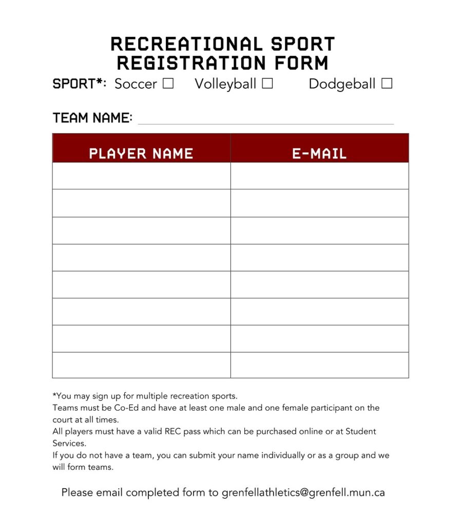 Recreational Sports Registration Form