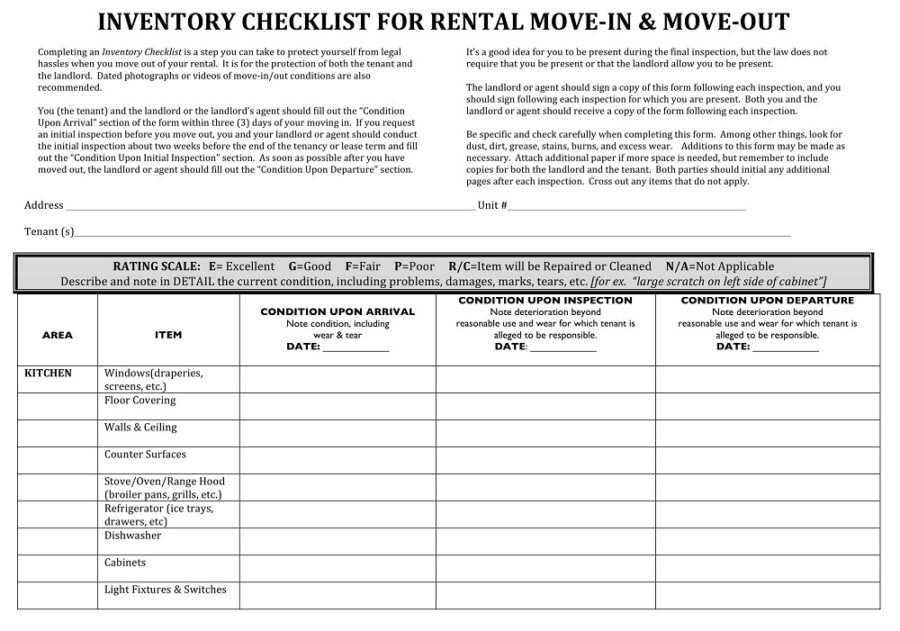 Rental Move In Move Out Inventory Checklist