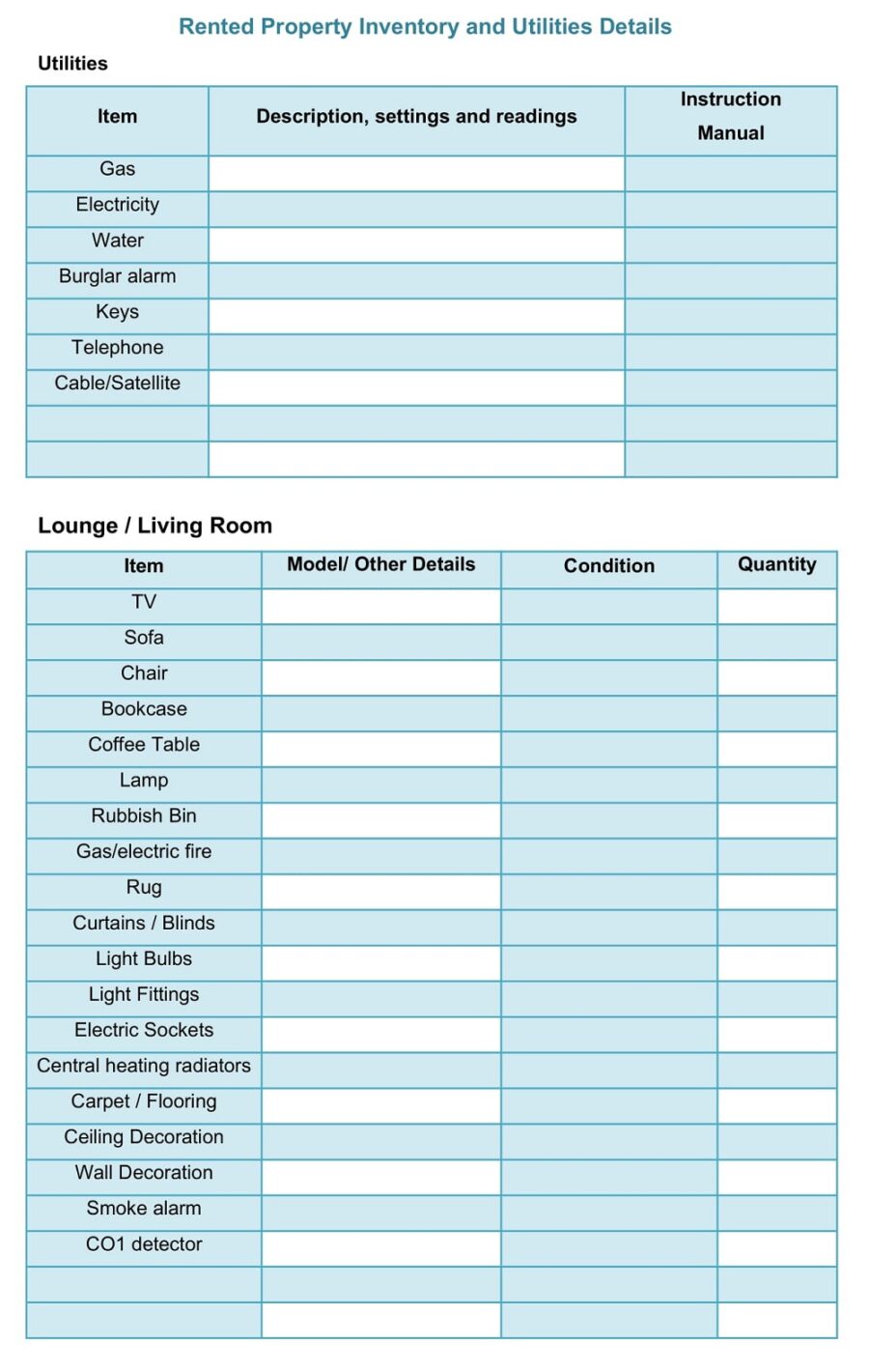 Rented Property Inventory And Utilities Template