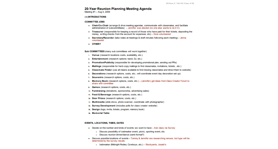 Agenda Template for Reunion Planning