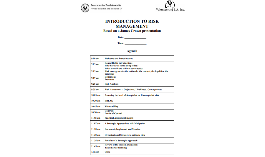 Introduction To Risk Management Meeting Agenda