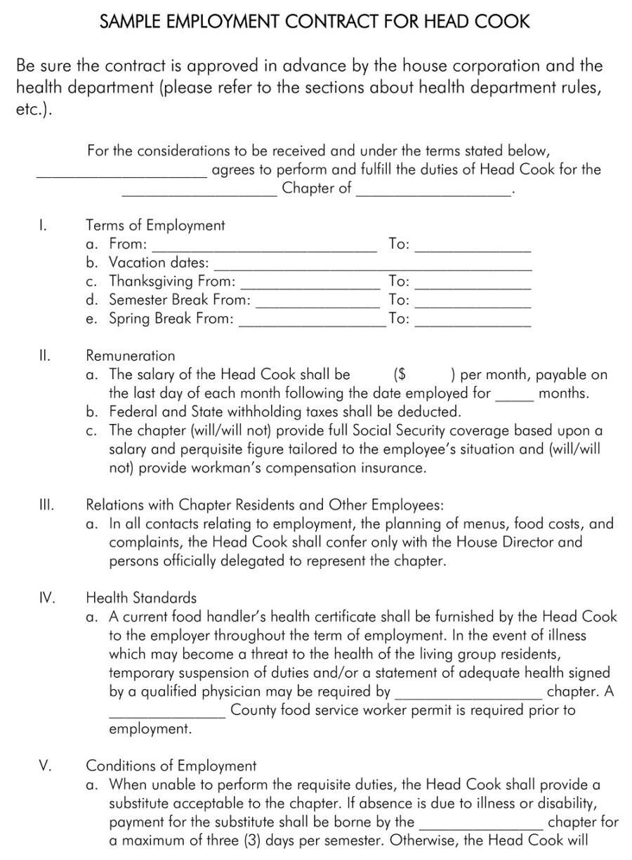 Sample Employment Contract For Head Cook