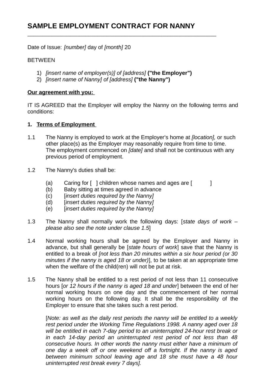 Sample Employment Contract For Nanny