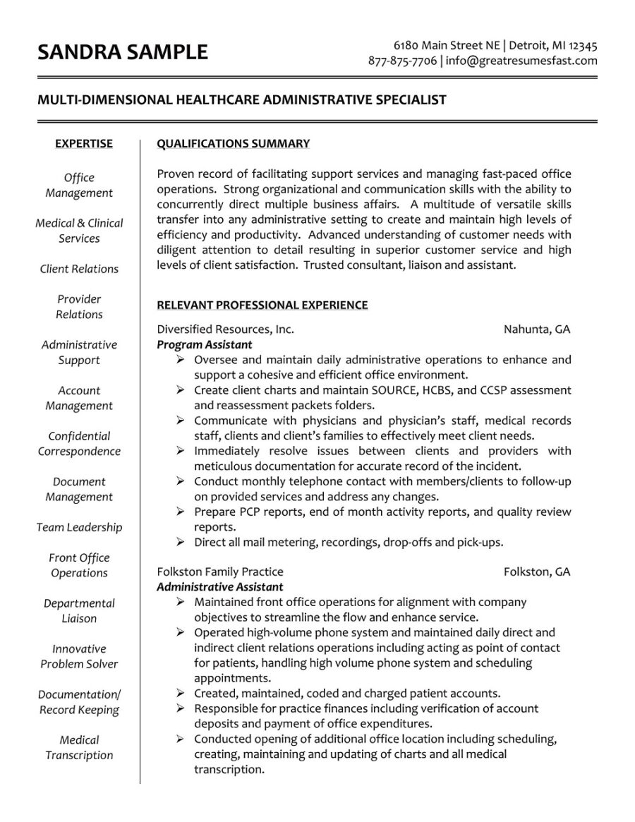 Sample Healthcare Administrative Resume
