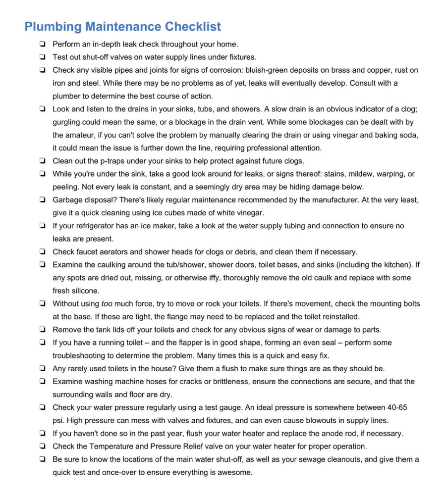 Sample Plumbing Maintenance Checklist