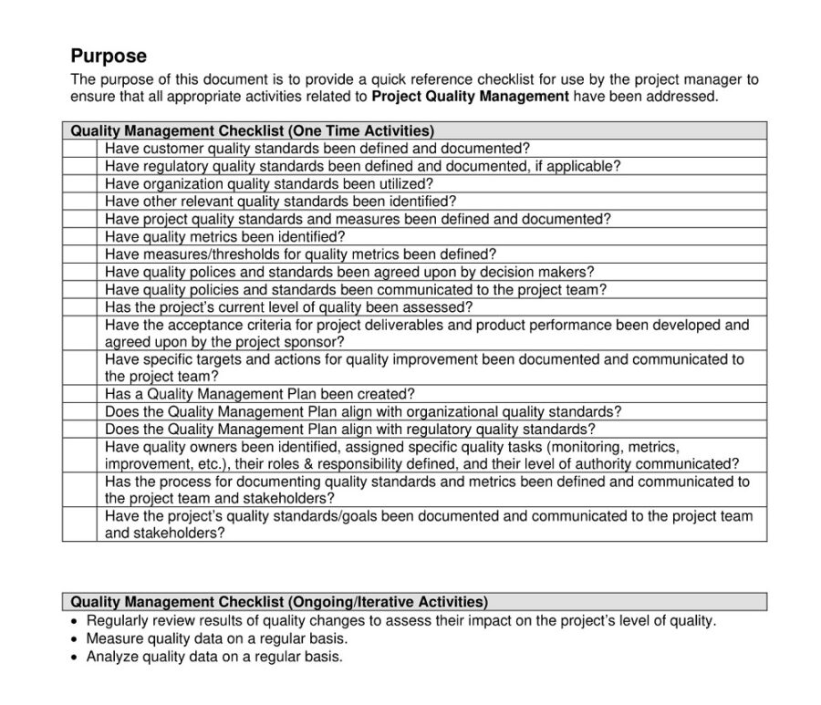 Sample Quality Management Checklist Template