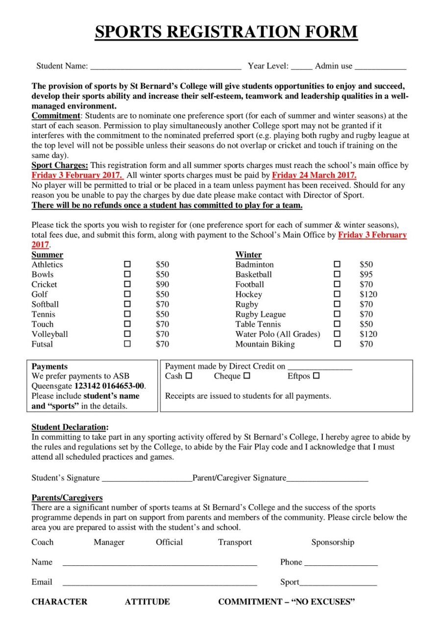 Sample Sports Registration Form