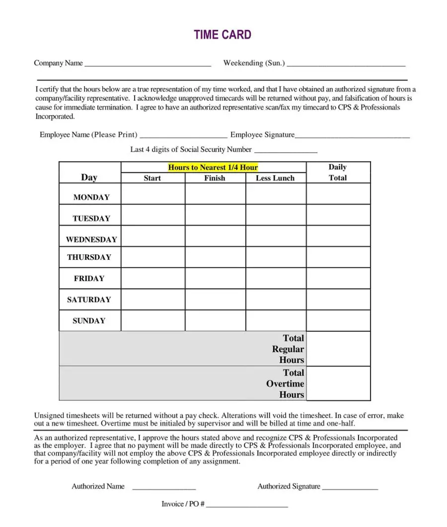 Sample TimeCard Calculator Template