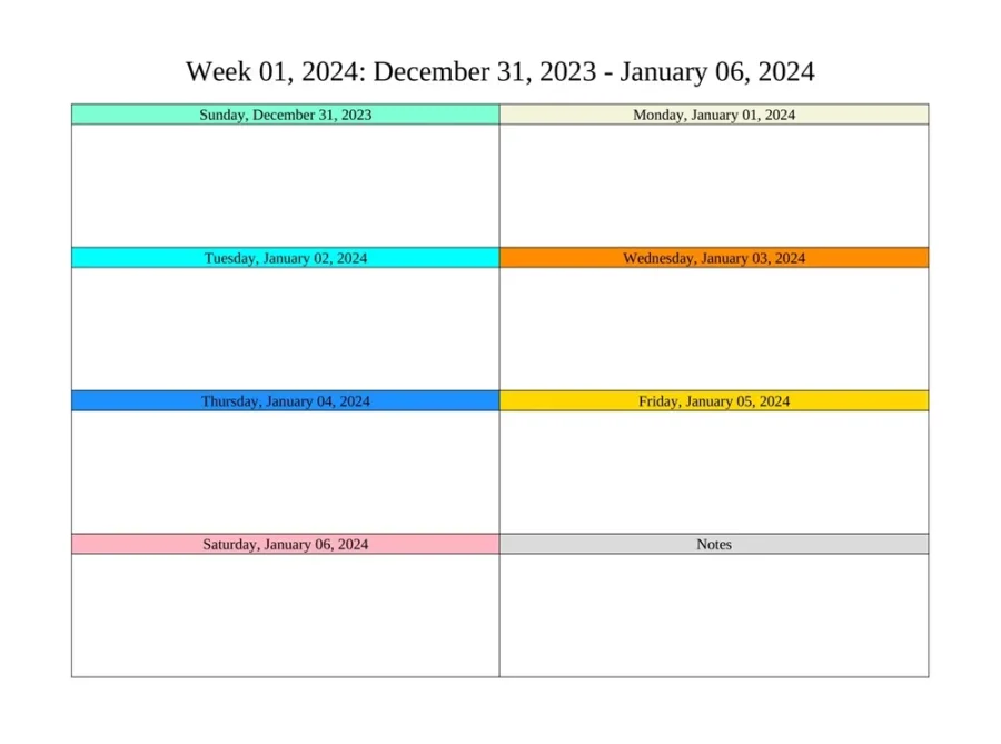 Sample Weekly Calendar 2024 Template