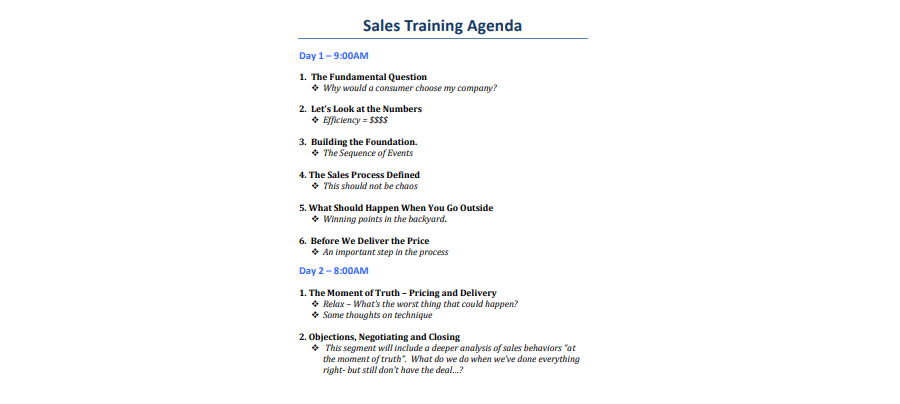 Professional Sales Training Agenda