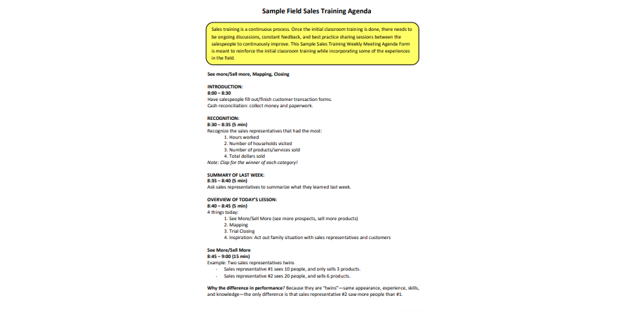 Samples of Sales Training Agenda
