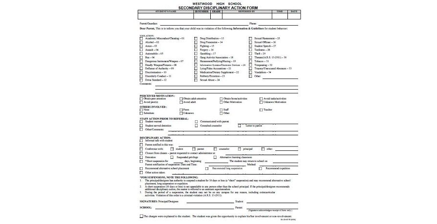 Secondary Disciplinary Action Form