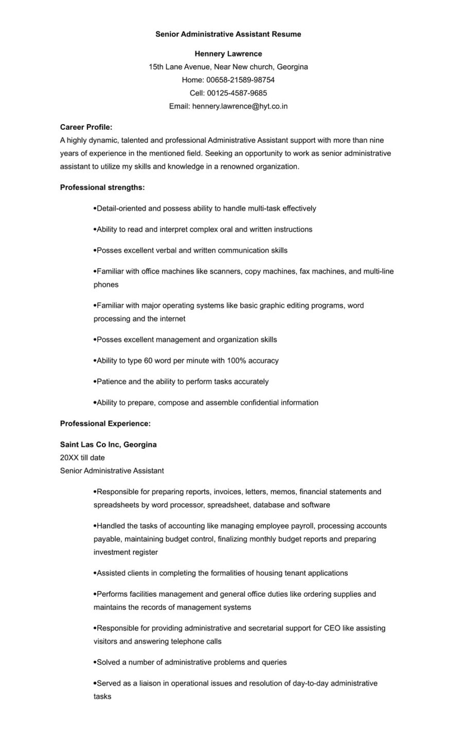 Senior Administrative Assistant Resume Template