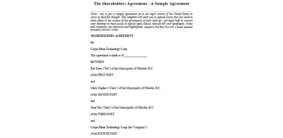 Sample Agreement For Shareholder