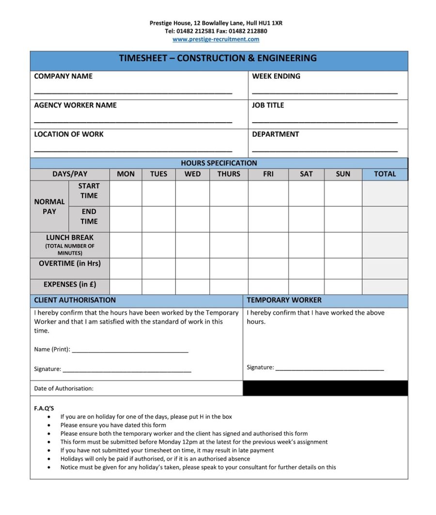 Simple Construction Timesheet Template
