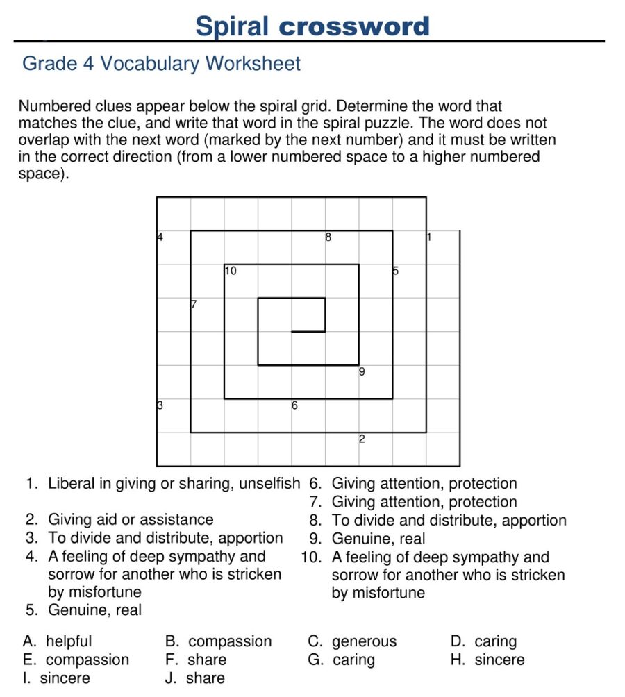 Spiral Crossword Vocabulary Worksheet