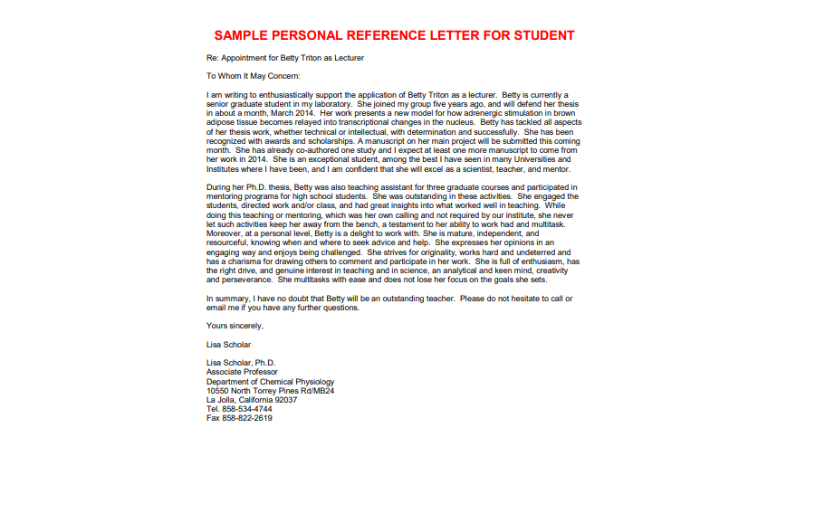Student Personal Reference Letter Template