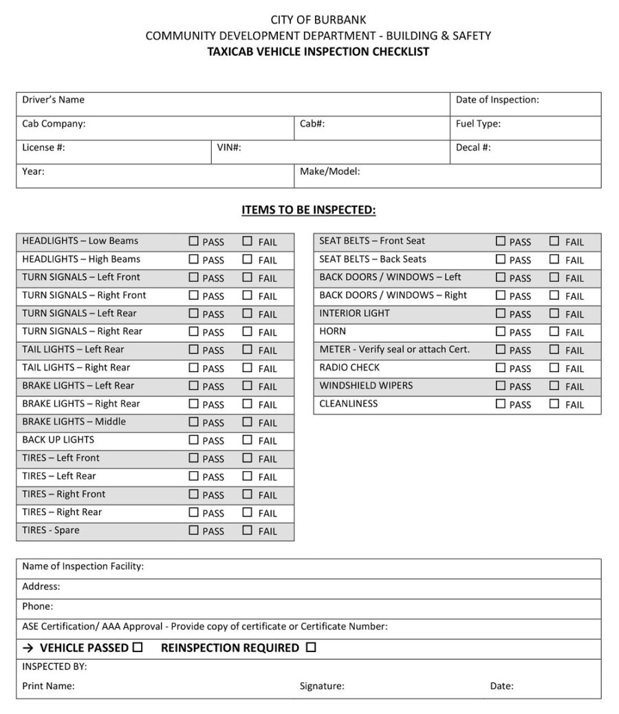 Taxi Vehicle Cleanliness Inspection Checklist