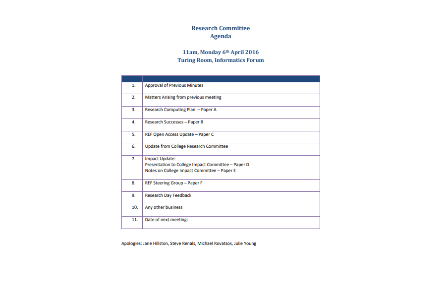 Template  of Research Committee Agenda