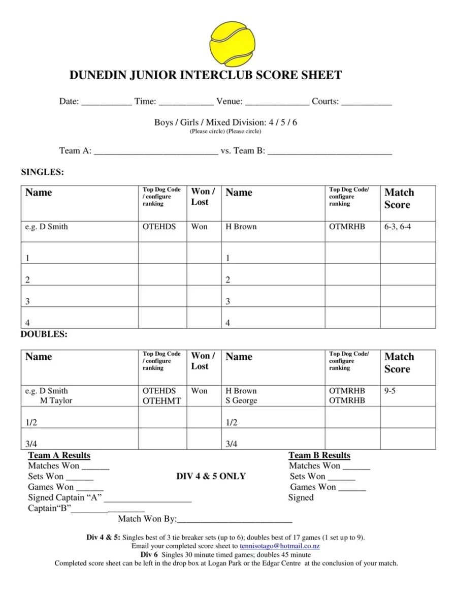 Tennis Otago Score Sheet