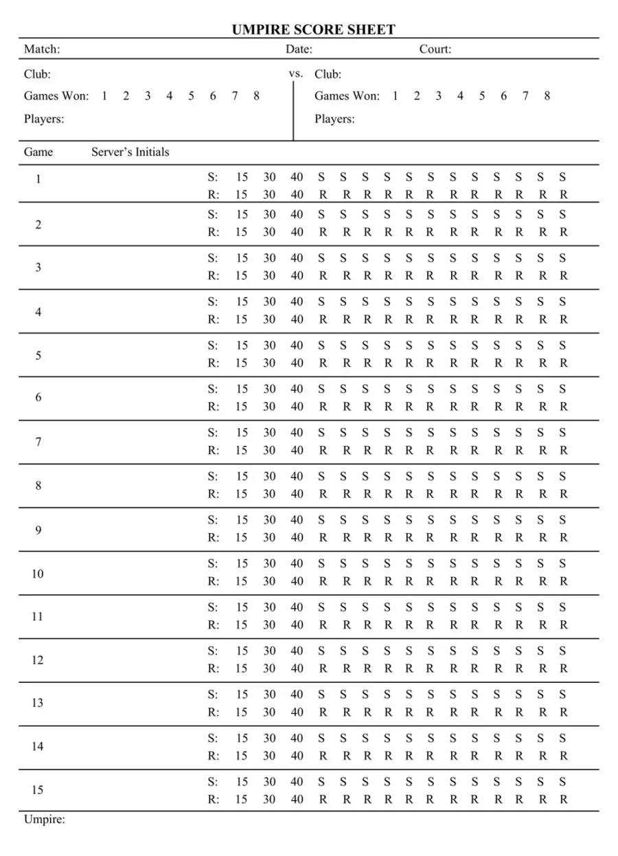 Tennis Score Sheet Template PDF