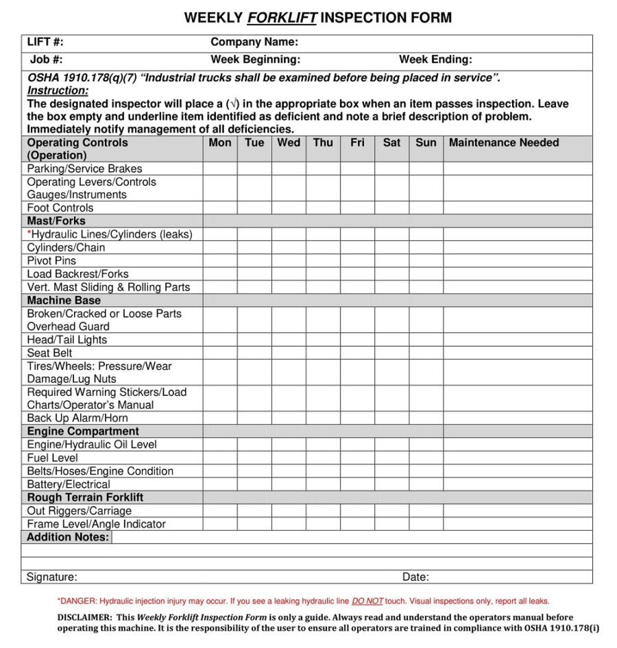 Weekly Forklift Inspection Form
