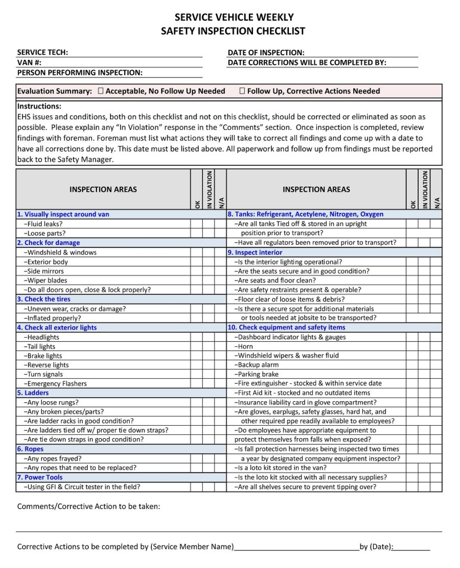 Weekly Vehicle Safety Inspection Checklist