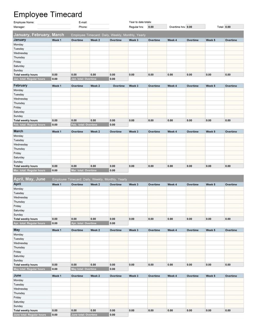 Yearly Time Card Template